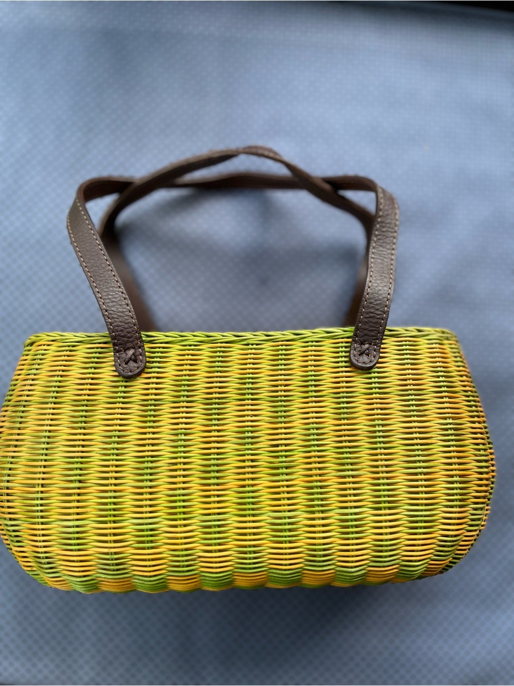 Woven Straw Tote Bag with Brown Handles - Yellow Green